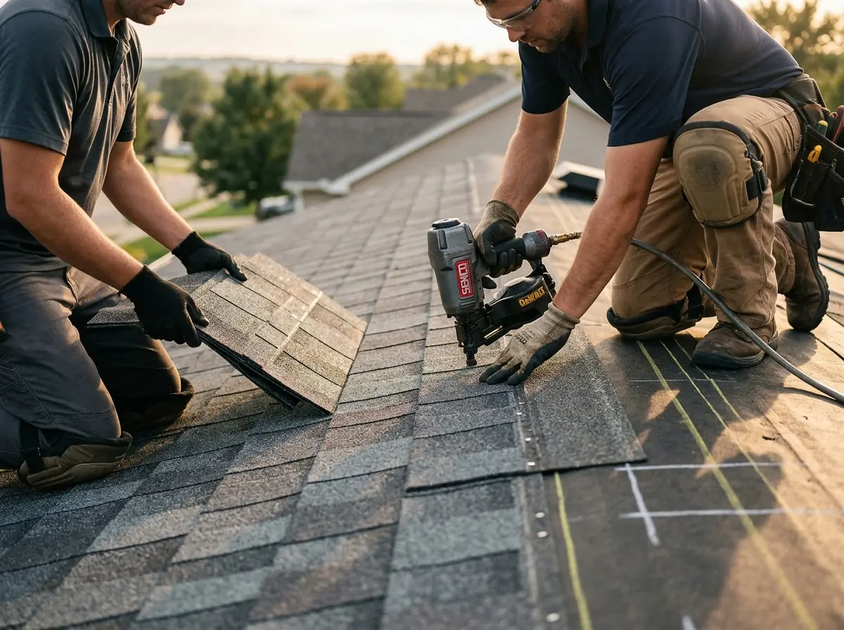 Professional roofer working on a residential roof in Sutton